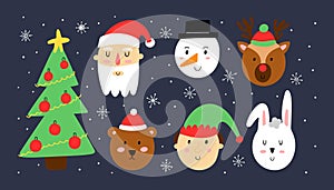 Xmas banner. Cute christmas portraits, Santa Claus and snowman, Rudolph deer and elf, winter bear and rabbit, funny characters
