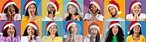 Xmas Banner. Diverse Multiethnic People Wearing Santa Hats Standing On Bright Backgrounds