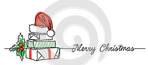 Xmas banner with gift box present package stack. One continuous line drawing with greeting text Merry Christmas. Simple