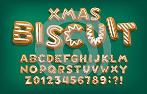Xmas Biscuit alphabet font. 3D cartoon letters and numbers.