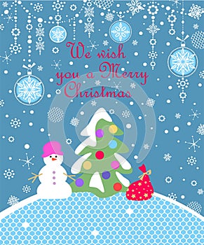 Xmas blue childish greeting craft card with paper cutting Christmas tree, funny snowman, gift, snowflakes and hanging decoration