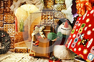 Xmas card: snowman, handmade cookie and presents