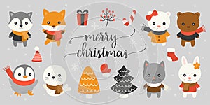 Xmas character and elements with merry christmas hand lettering font
