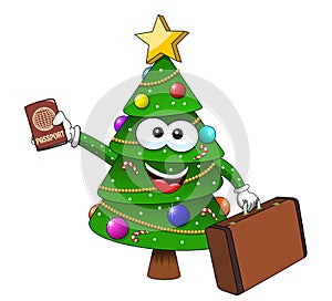 Xmas christmas tree mascot character passport suitcase traveller isolated