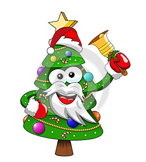 Xmas christmas tree santa claus mascot character ringing bell is