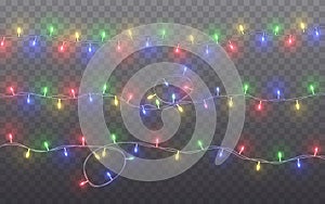 Xmas Color garland, festive decorations. Glowing christmas lights transparent effect decoration on dark background. Vector