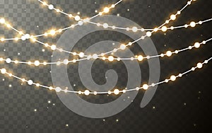 Xmas Color garland, festive decorations. Glowing christmas lights transparent effect decoration on dark background. Vector