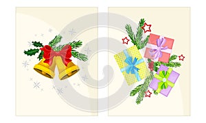 Xmas composition with fir tree branches, golden bells and gift boxes. Merry Christmas and Happy New Year Holidays card