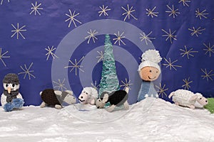 Xmas decorations crafts snow scenary crochet snowman, boy, sheep