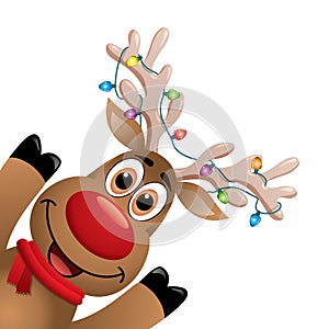 Xmas drawing of funny red nosed reindeer. vector