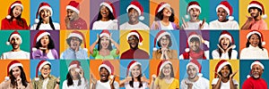 Xmas Excitement. Portraits Of Happy Surprised Multiethnic People In Santa Hats