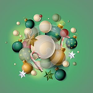 Xmas festive composition. Colorful decorative Christmas balls. New year abstract background, vector illustration
