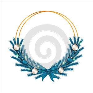 Xmas frame with blue leaves and a blue ribbon. Christmas frame with red, white ball and snowflakes. Christmas blue ribbon, Xmas