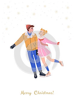 Xmas greeting card with happy young couple skating