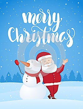 Xmas greeting card with Santa Claus and snowman on snowy landscape. Handwritten brush lettering of Merry Christmas