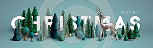 Xmas Horizontal composition made of green wooden and glass Christmas trees and silver reindeer.