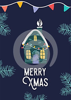 Xmas little house. Merry Christmas illustration