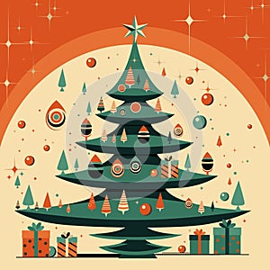 Xmas modern design with Christmas tree, ball, star decoration and gifts boxes. Christmas card, poster, holiday cover or