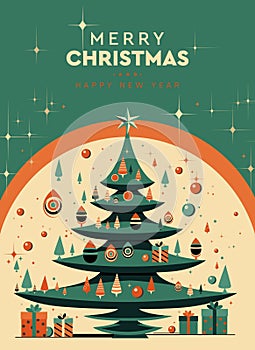 Xmas modern design with Christmas tree, ball, star decoration and gifts boxes. Christmas card, poster, holiday cover or