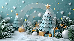 Xmas modern design set in paper cut style with Christmas tree, ball, star golden blue and white gifts