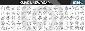 Xmas and New Year line icons collection. Big UI icon set in a flat design. Thin outline icons pack. Vector illustration EPS10