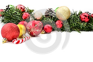 Xmas ornaments on white background with space for text