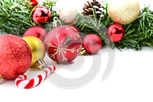 Xmas ornaments on white background with space for text