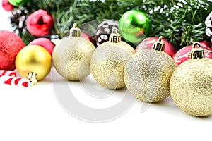 Xmas ornaments on white background with space for text