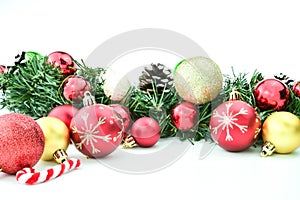 Xmas ornaments on white background with space for text