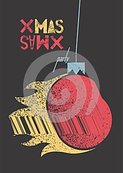 Xmas Party typographic grunge poster design. Glitch Christmas ball with flame. Retro vector illustration.