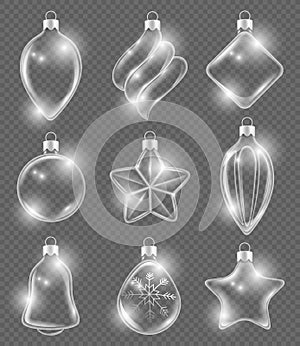 Xmas realistic balls. New year glass toys holiday transparent decoration ribbons ornament vector 3d pictures background