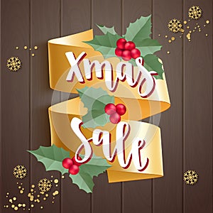 Xmas Sale. Christmas card with calligraphy, gold ribbon and decorative elements.