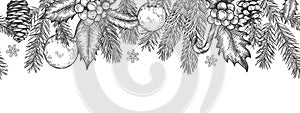 Xmas seamless green border. Horizontal banner with christmas tree branches garland, holly berries and toys, element for photo