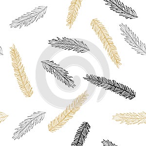 Xmas Seamless pattern with Christmas Tree Decorations, Pine Branches hand drawn art design vector illustration.