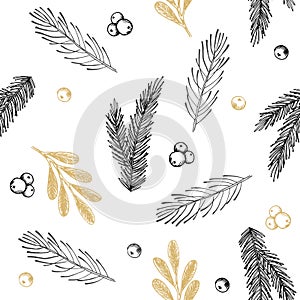 Xmas Seamless pattern with Christmas Tree Decorations, Pine Branches hand drawn art design vector illustration.