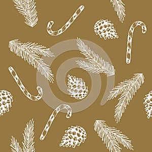 Xmas Seamless pattern with Christmas Tree Decorations, Pine Branches hand drawn art design vector illustration.