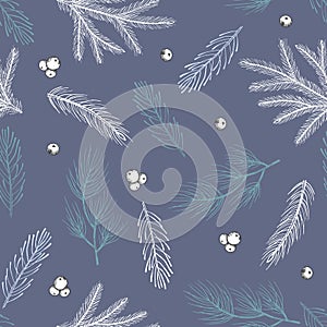 Xmas Seamless pattern with Christmas Tree Decorations, Pine Branches hand drawn art design vector illustration.