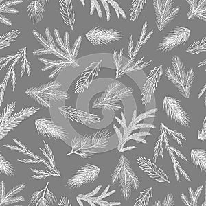 Xmas Seamless pattern with Christmas Tree Decorations, Pine Branches hand drawn art design vector illustration.