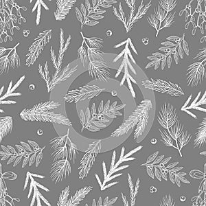 Xmas Seamless pattern with Christmas Tree Decorations, Pine Branches hand drawn art design vector illustration.