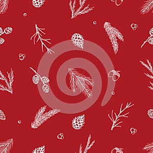 Xmas Seamless pattern with Christmas Tree Decorations, Pine Branches hand drawn art design vector illustration.