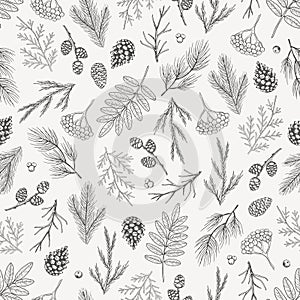 Xmas Seamless pattern with Christmas Tree Decorations, Pine Branches hand drawn art design vector illustration.