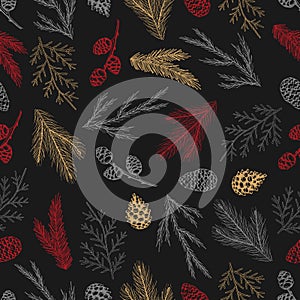 Xmas Seamless pattern with Christmas Tree Decorations, Pine Branches hand drawn art design vector illustration.