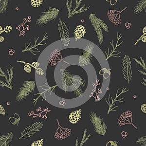 Xmas Seamless pattern with Christmas Tree Decorations, Pine Branches hand drawn art design vector illustration.