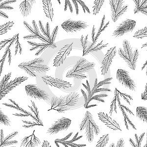 Xmas Seamless pattern with Christmas Tree Decorations, Pine Branches hand drawn art design vector illustration.