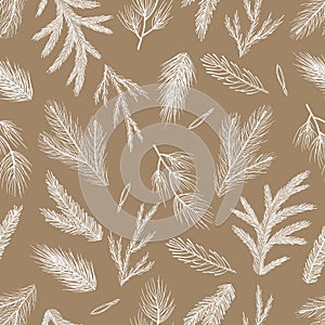 Xmas Seamless pattern with Christmas Tree Decorations, Pine Branches hand drawn art design vector illustration.