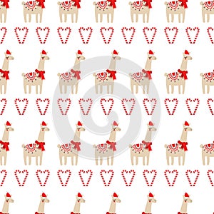 Xmas seamless pattern with cute lama with xmas hat and candy cane hearts on white background.