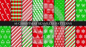 16 Xmas seamless patterns collection. Christmas New year texture. Festive seamless background. Holiday wrapping paper photo