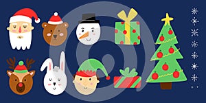 Xmas set. Cute christmas portraits, Santa Claus and snowman, Rudolph deer and elf, winter bear and rabbit, funny decor faces,