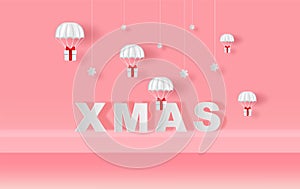 Xmas of Stage mock up Parachute gift box fly air paper cut and craft style. Merry Christmas and Happy new year. Hanging snowing