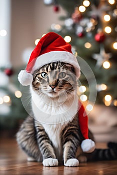 xmas theme Cat wearing a Santa hat with Christmas decorations in the background